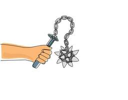 Continuous one line drawing hand holding flail with spiked ball. Medieval weapon - spiked metal ball with chain and wooden handle. Knight equipment icon. Single line draw design vector illustration