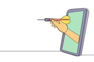 Continuous one line drawing player hand holds dart aiming through mobile phone. Smartphone with dart games app. Mobile sports stream championship. Single line draw design vector graphic illustration