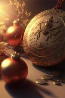 close up of a christmas ornament on a table. . photo