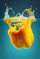 there is a yellow bell pepper being dropped into the water. generative ai. photo