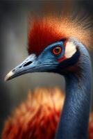 close up of a bird with a flower in the background. . photo