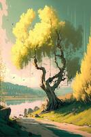 painting of a tree next to a body of water. . photo