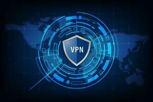 Vector virtual private network. Shield with vpn and world map. Security cyber shield concept.