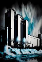 there is a picture of factory with huge wave coming in. . photo