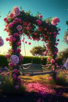 jardín lleno con un montón de rosado flores generativo ai. foto