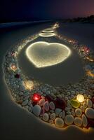 corazón hecho fuera de piedras en un playa a noche. generativo ai. foto