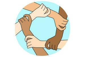Multiracial people join hands in circle vector