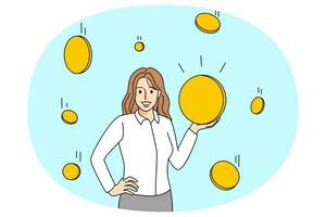 Successful woman holding coins show work success vector