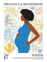 Beautiful pregnant black woman. Banner or poster for websites, advertising, greeting card. Mother's day greeting. Health care, female, happy motherhood concept. African American lady. vector