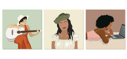 Set of portraits of different women. Diversity. Vector flat illustration. Avatar for a social network. Modern young feminine woman, fashion minimal trendy people face in flat.