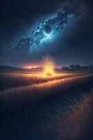 painting of a sun setting over a field. . photo