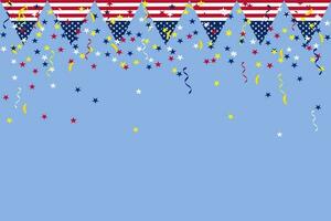 Independence Day background banner USA flag garland, bunting, balloons, confetti, star, ribbon, falling from the sky. Web advertising Celebration parade festival party decoration vector illustration.