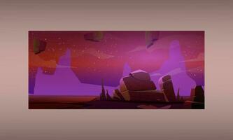 Alien planet surface, futuristic landscape background with glowing moon or satellite above rock cliff in dark starry sky. Fantasy mountains, book or computer game scene, Cartoon vector illustration