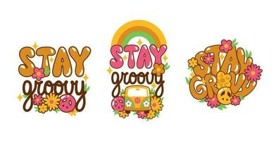 Stay groovy - short phrase in style 70s. Hippy culture. Logo for t-shirt and others summer print. Set of icons.  Vector. vector