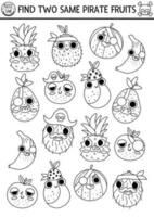 Black and white find two same pirate fruits. Treasure island line matching activity for children. Sea adventures educational quiz worksheet or coloring page for kids with cute banana, apple vector