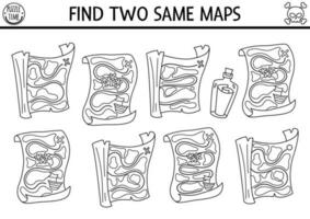 Black and white find two same maps. Treasure island line matching activity for children. Sea adventures educational quiz worksheet or coloring page for kids. Simple printable game with cute plans vector