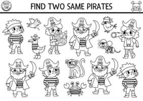 Black and white find two same pirates. Treasure island line matching activity for children. Sea adventures educational quiz worksheet or coloring page for kids for attention skills vector