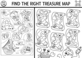 Find the right treasure map. Black and white treasure island matching activity for children. Sea adventures line educational quiz worksheet for kids. Printable coloring page vector