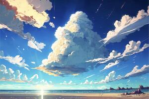 painting of a cloudy sky over a beach. . photo