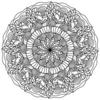 mandala with butterflies, flowers and bunches of leaves, meditative coloring page with ornate lines vector