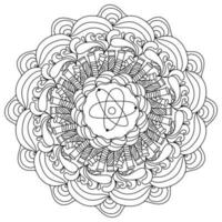 Contour mandala on a scientific theme, meditative coloring page with a set of test tubes and ornate patterns vector