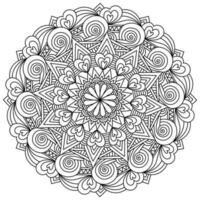 Abstract mandala with hearts and a flower in the center, meditative coloring page vector