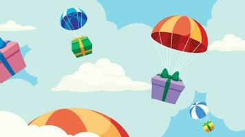 regalos entrega por paracaídas plano diseño vector