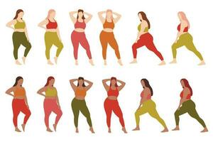 Body Positive concept. Fat Women Doing Fitness. Fat Girl Doing Fitness. Plus size women practice sports. Pilates concept vector