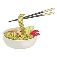 asiático comida colocar. comida cuenco con fruto de mar. japonés restaurante menú diseño elementos aislado en blanco antecedentes. ramen tallarines vector