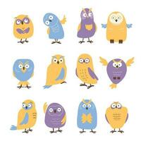 Set of owls, birds, abstract drawing vector