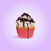 Party cupcake, delicious creamy muffin with heart sprinkles and chocolate icing. 3d realistic vector sweet dessert.