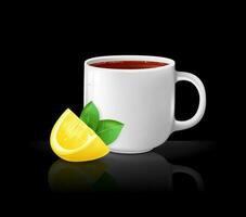 Realistic white cup of tea with a slice of lemon. Black background with reflection. Vector illustration, 3d