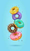 Falling realistic glazed donuts with sprinkles. Vertical 3d vector background for web banner, poster, postcard.