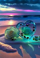 heart shaped glass object sitting on top of a sandy beach. . photo