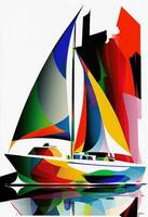 a picture taken from boat with colorful sailboat in the water. . photo