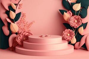cake sitting on top of a pink pedestal. . photo