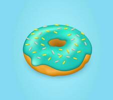 Realistic glazed donut sprinkled with multi-colored sticks. 3d vector illustration on blue background
