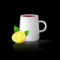 Realistic white cup of tea with a slice of lemon. Black background with reflection. Vector illustration