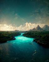 large body of water sitting on top of a lush green field. . photo