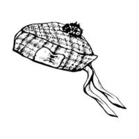 Ink hand drawn sketch of isolated fashion clothes object. Scottish tartan fomal beret hat cap bonnet headwear. Cultural heritage. Design for tourism, travel, brochure, guide, print, card, tattoo. vector