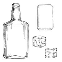 Ink hand drawn vector sketch of isolated object. Scotch whisky whiskey glass square bottle with label and rocks. Scottish symbol drink Design for tourism, travel, brochure, guide, print, card, tattoo.