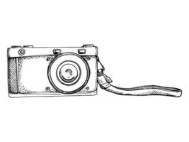 Ink hand drawn vector graphic sketch of isolated object. Old vintage photo camera with a handstrap for holding. Design for tourism, travel, brochure, wedding, guide, print, card, tattoo, professional.