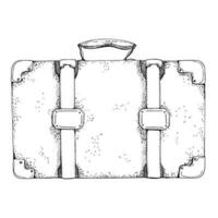 Ink hand drawn vector graphic sketch, silhouette of isolated object. Old vintage retro leather suitcase luggage baggage. Design for tourism, travel, brochure, wedding, guide, print, card, tattoo.