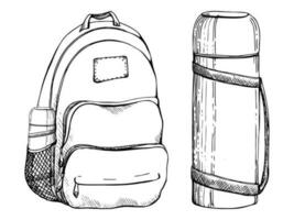 Ink hand drawn vector graphic sketch of isolated object. Backpack for hiking, sightseeing, tourist accessory luggage baggage and flask. Design for tourism, travel, brochure, guide, print, card, tattoo