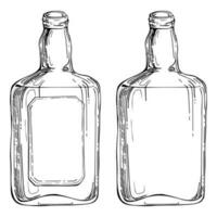 Ink hand drawn vector sketch of isolated object. Scotch whisky whiskey glass square bottle with label. Scottish symbol drink. Design for tourism, travel, brochure, guide, print, card, tattoo.