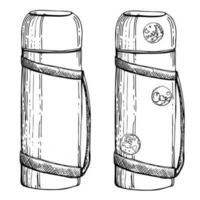 Ink hand drawn vector graphic sketch of isolated object. Travel accessory for tourist, vacuum flask with stickers and pins. Design for tourism, travel, brochure, booklet, guide, print, card, tattoo.