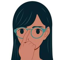The girl corrects her glasses. Poor eyesight.Color vector. vector