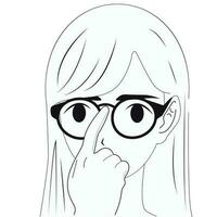 Black and white vector.Girl adjusts her glasses. Poor eyesight. vector