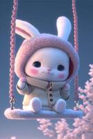 cartoon bunny is sitting on a swing. . photo