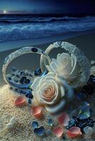 couple of white roses sitting on top of a sandy beach. . photo